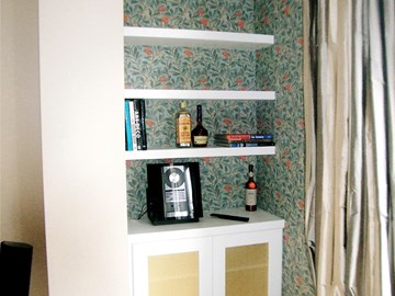 Brass Grilled Alcove Cupboard & Contemporary Shelving